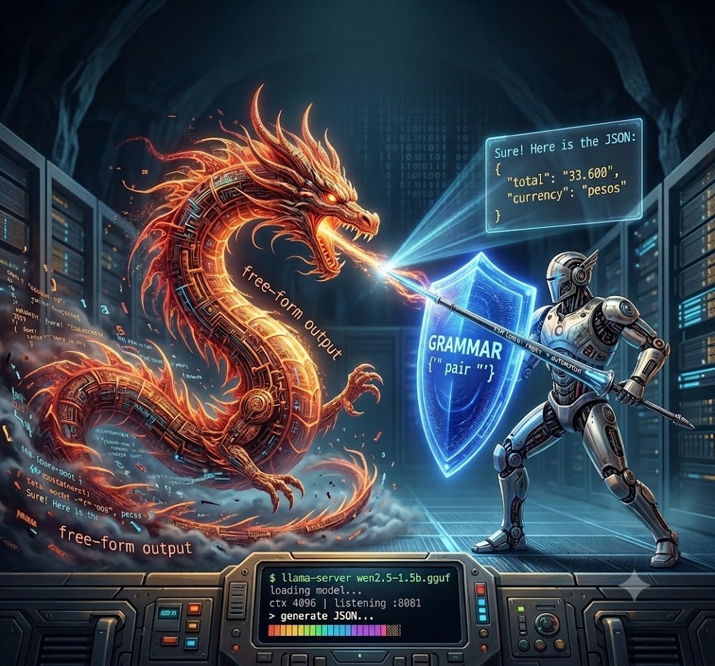 An homage to the Dragon Book cover: a fiery circuit-dragon labeled free-form output rises in a server room breathing fire at an armored robot knight whose glowing shield reads GRAMMAR, a hologram of broken JSON floats above and a console runs llama-server below.